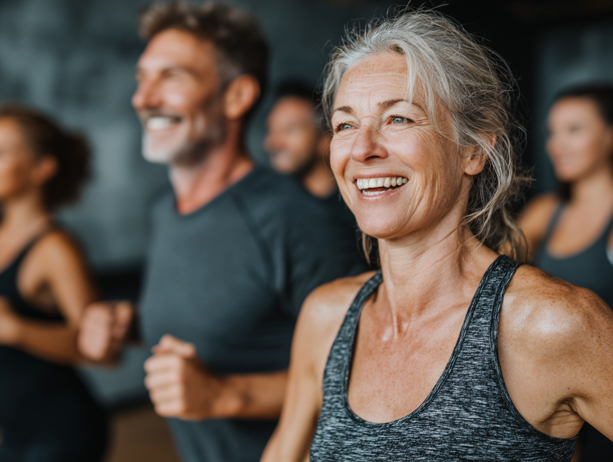 Активні люди різного віку займаються фітнесом у сучасному спортивному залі з професійним обладнанням